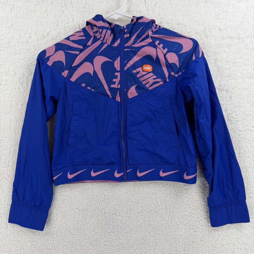 Nike Windbreaker Jacket Girls Medium Blue Pink Hooded Colorblock Swoosh Logo
